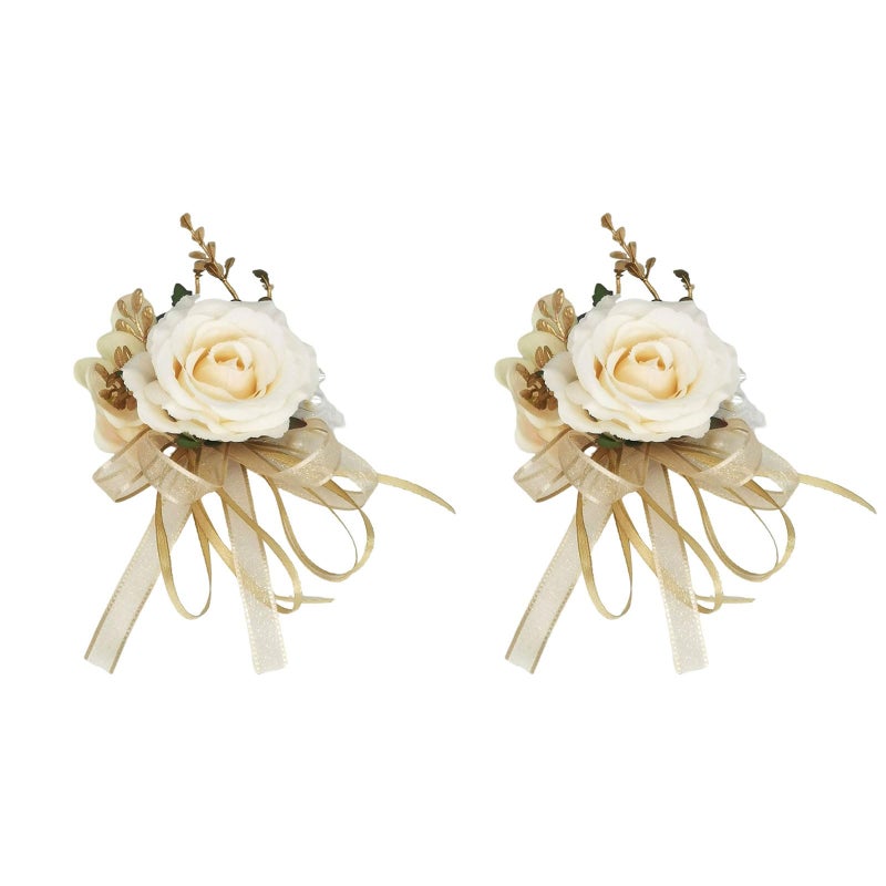 USIX 2pc Pack-Handmade Men's Lapel Pin Champagne Ivory Rose with Gold Leaves Ribbons Artificial Pearls Boutonniere Pin for Suit Wedding Groom Groomsmen Brooch Rose Boutonniere (Boutonniere) - Image 1